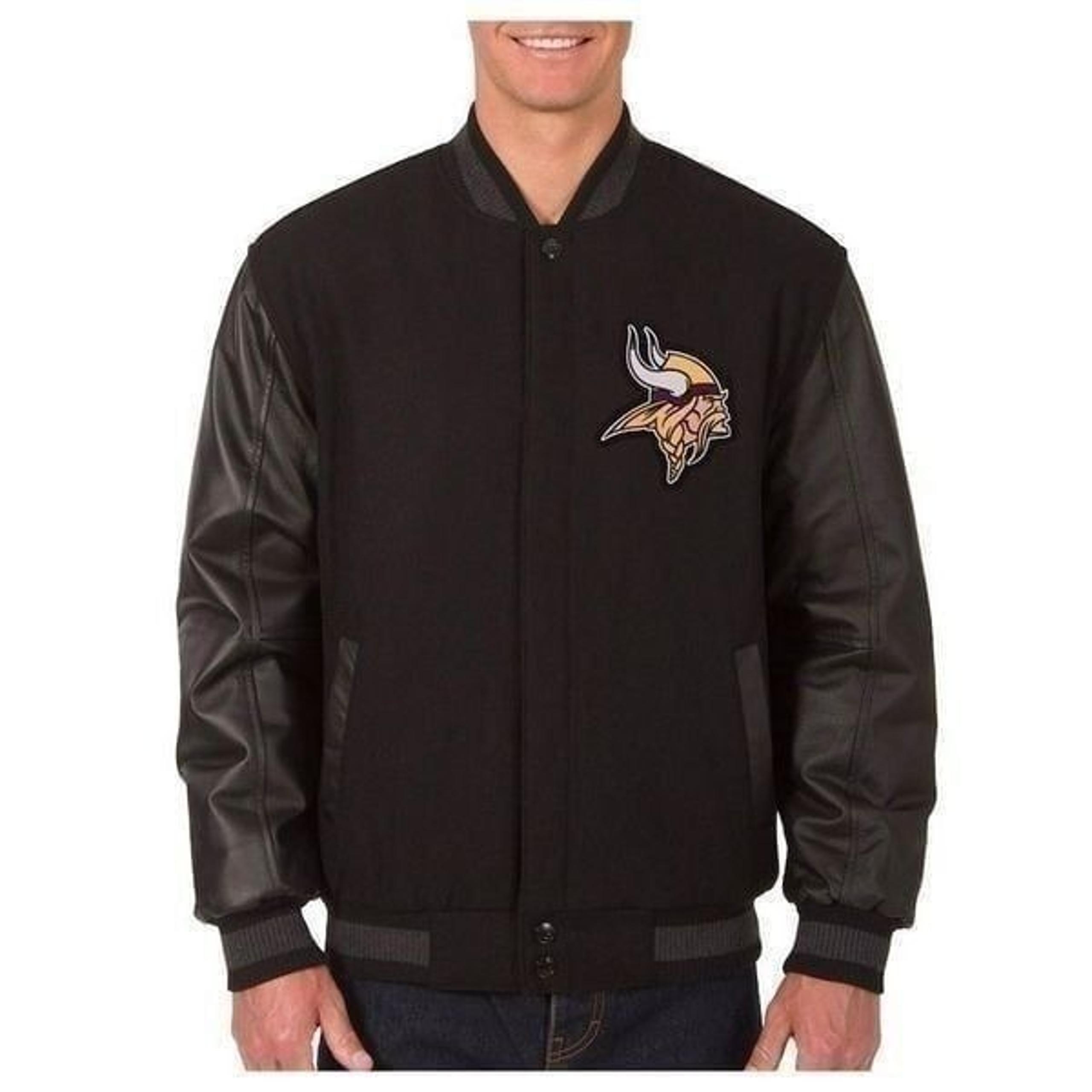 Minnesota Vikings Wool Leather Reversible Jacket 4XL Embroidered Logos Black