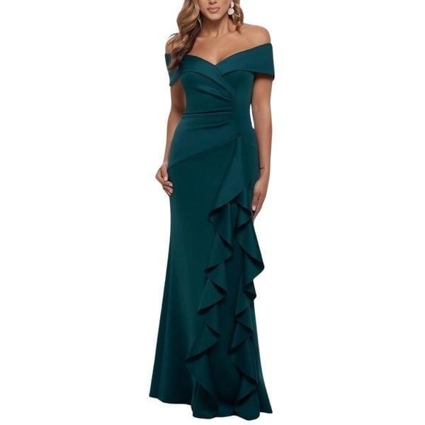 289 NWT XSCAPE Emerald Green Ruffled Off the Shoulder Gown Size 6