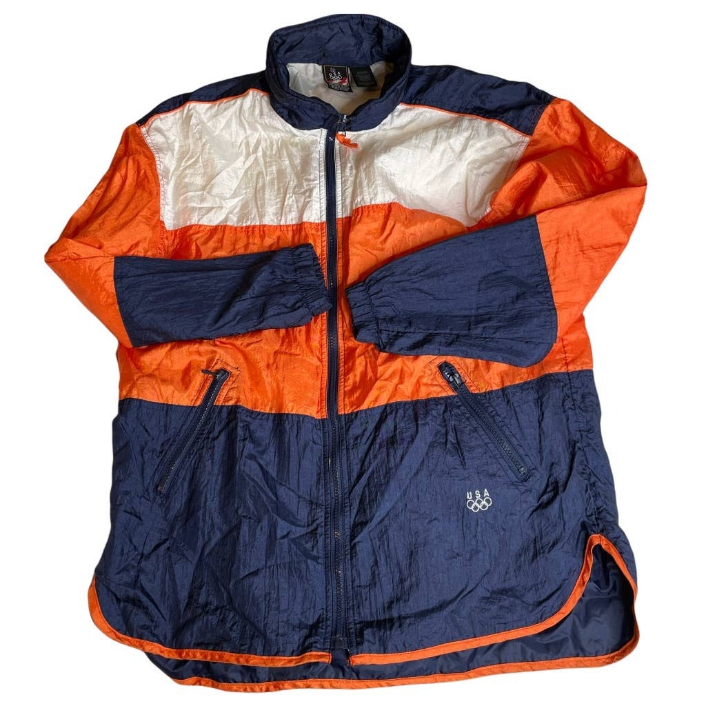 USA OLYMPICS Windbreaker 90s Vintage Medium Orange Navy Stripe Sports