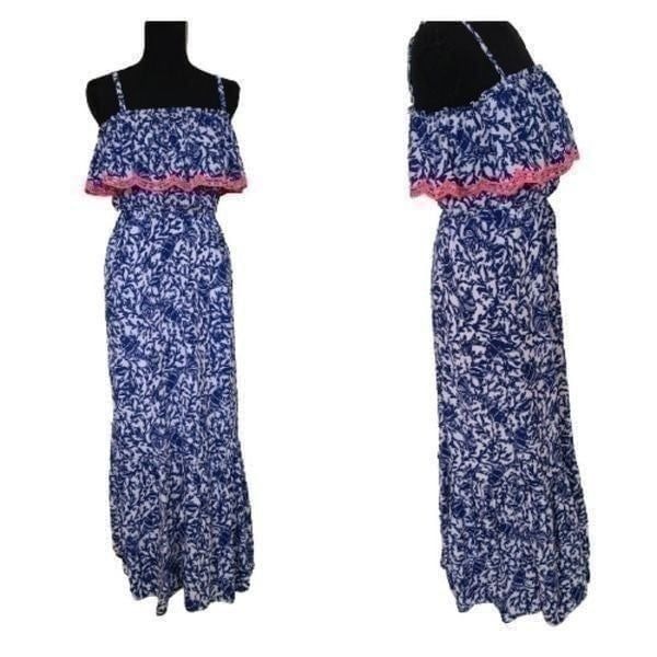 Lilly Pulitzer Adia Ruffle Blue White Print Maxi Dress Size XXS
