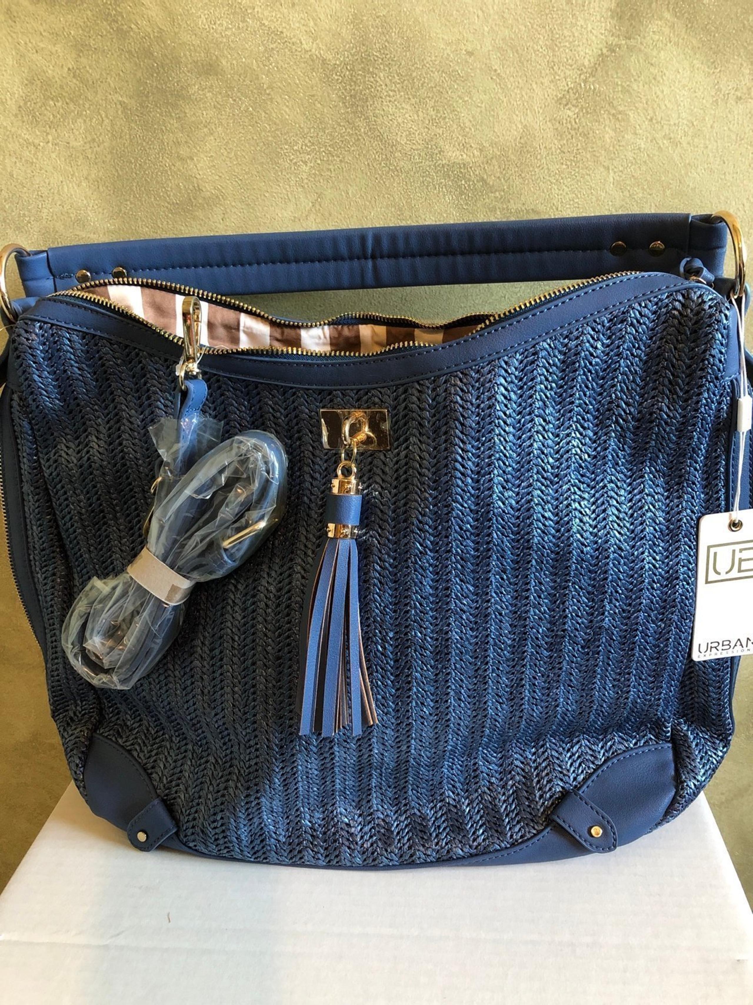 Blue large handbag/ shoulder strap or single handle/silver butterfly key chain