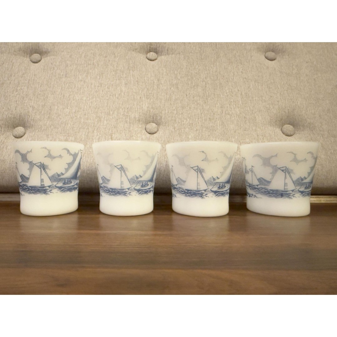 Vintage Currier & Ives Sailboat Milk Glass Coffee Mugs - Set of 4
