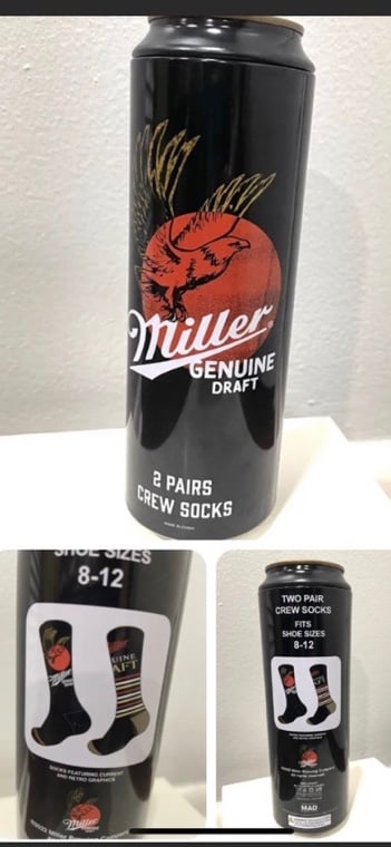Miller Draft Beer unique gift idea 2 pairs of Novelty socks In a Reusable Can