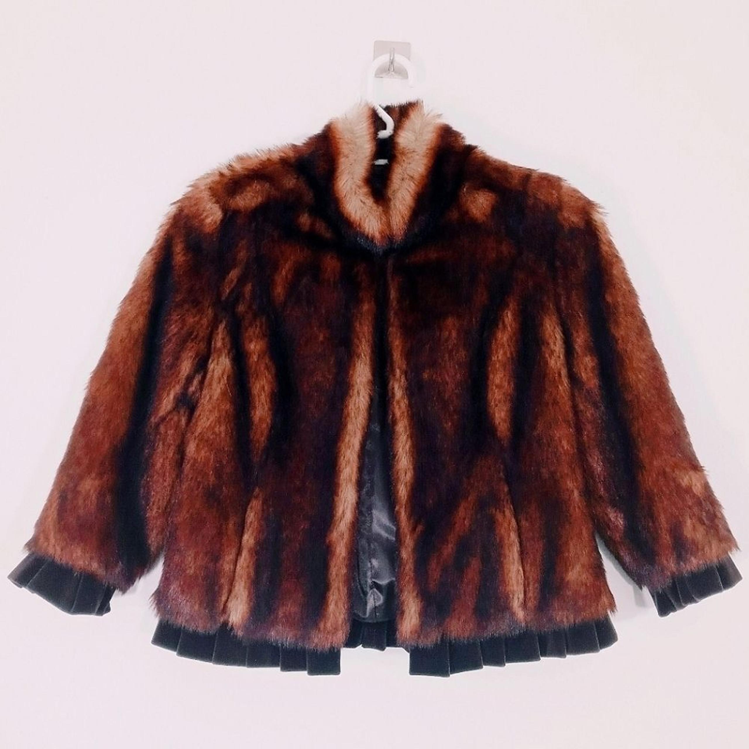 Tahari Faux Fur Suede Pleated Trim Coat