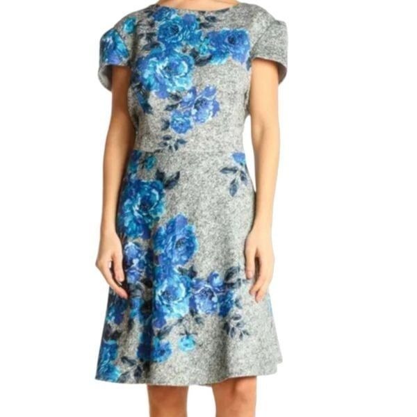 Betsey Johnson gray floral blue print fit and flare womens dress back zip, 12