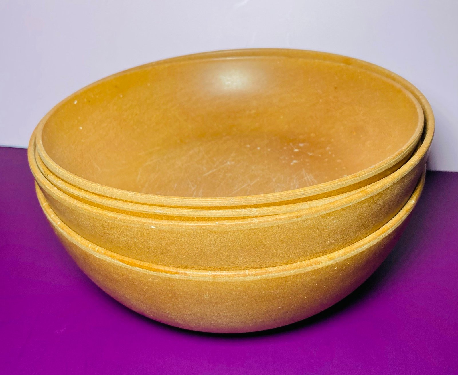 Vintage Agatized Wood Bowls Salad Serve Tan Brown Prep Wash Fruit Bowl Ellingers