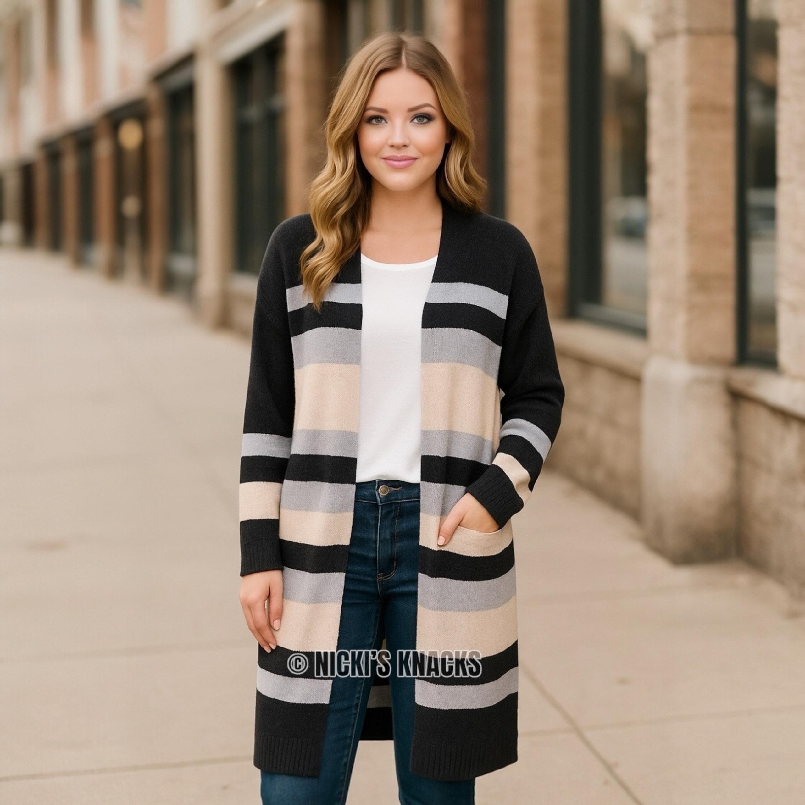 Freshman 1996 Navy Cream Striped Long Duster Cardigan Open Front Sweater Size XS
