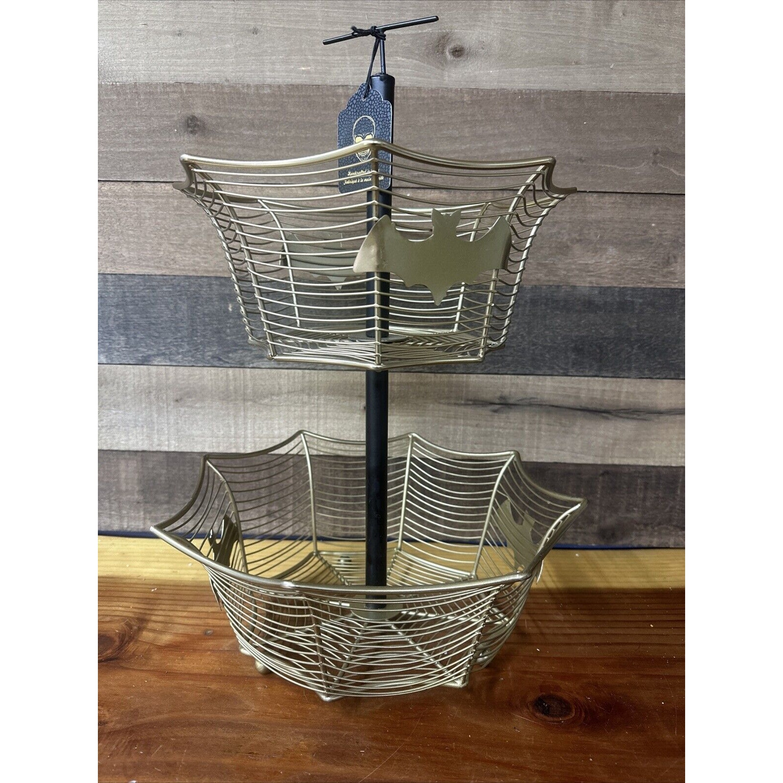 Bat Gold Metal 2 Tiered Basket Fruit/Snack Counter/Table Halloween