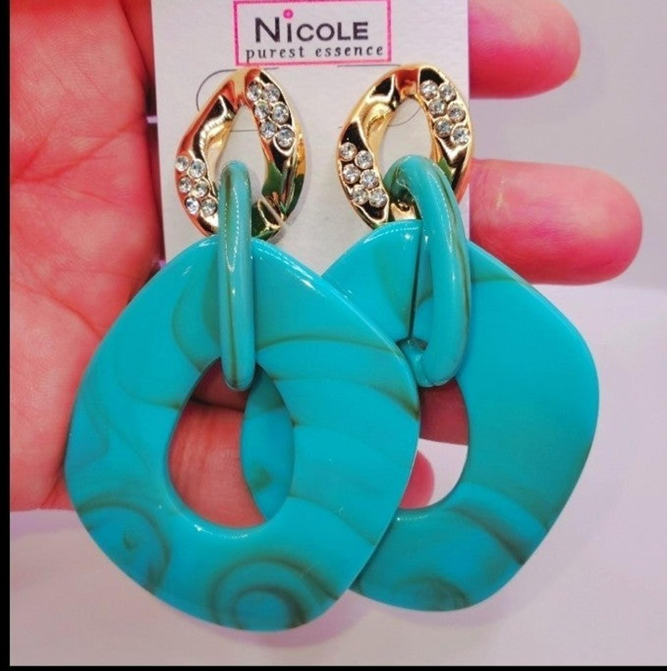 Alloy & Acrylic Inlaid Crystal Earrings, Durable Earrings, Turquoise & Gold Meta