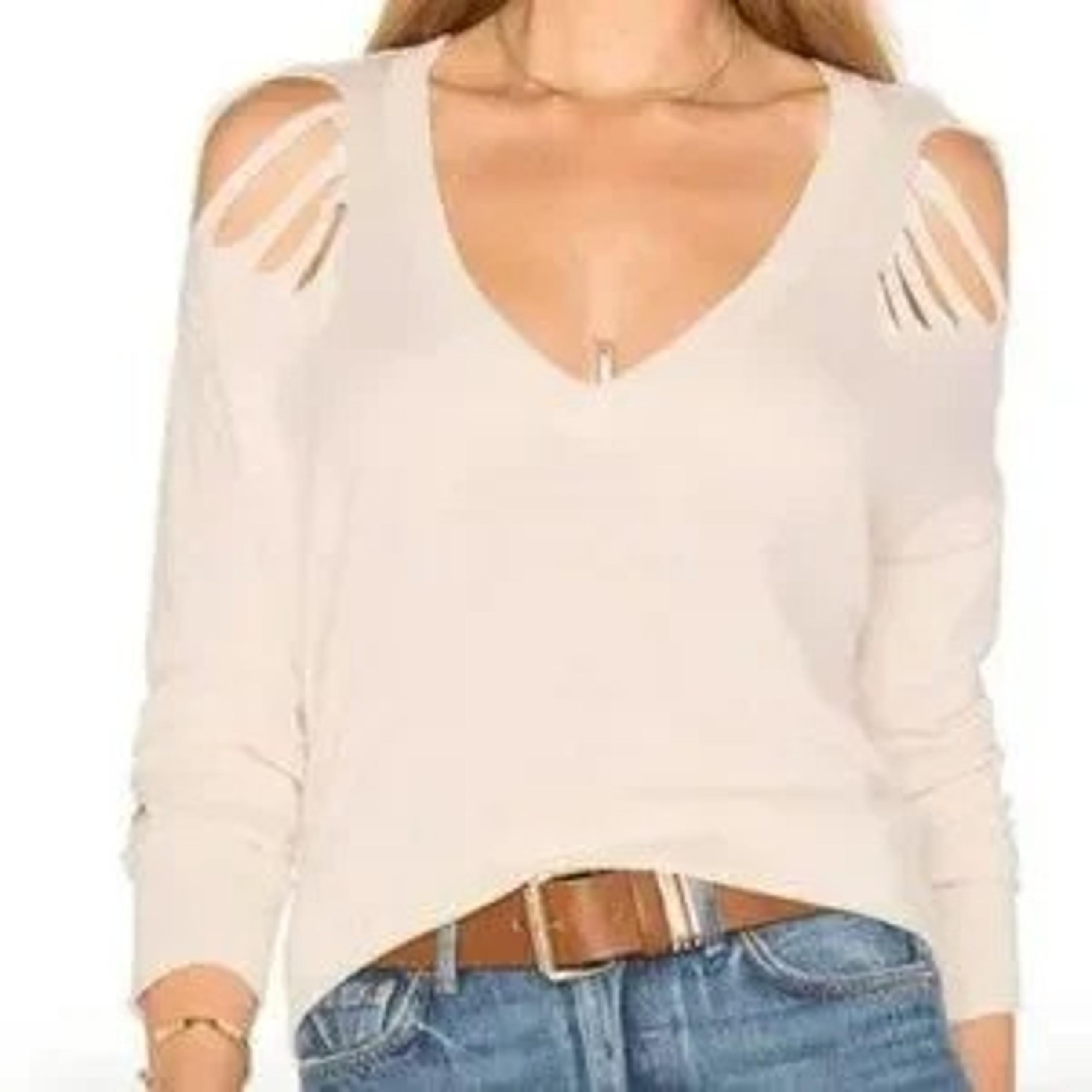 Central Park West Revolve Distressed Ripped V-neck Sweater Cream Small