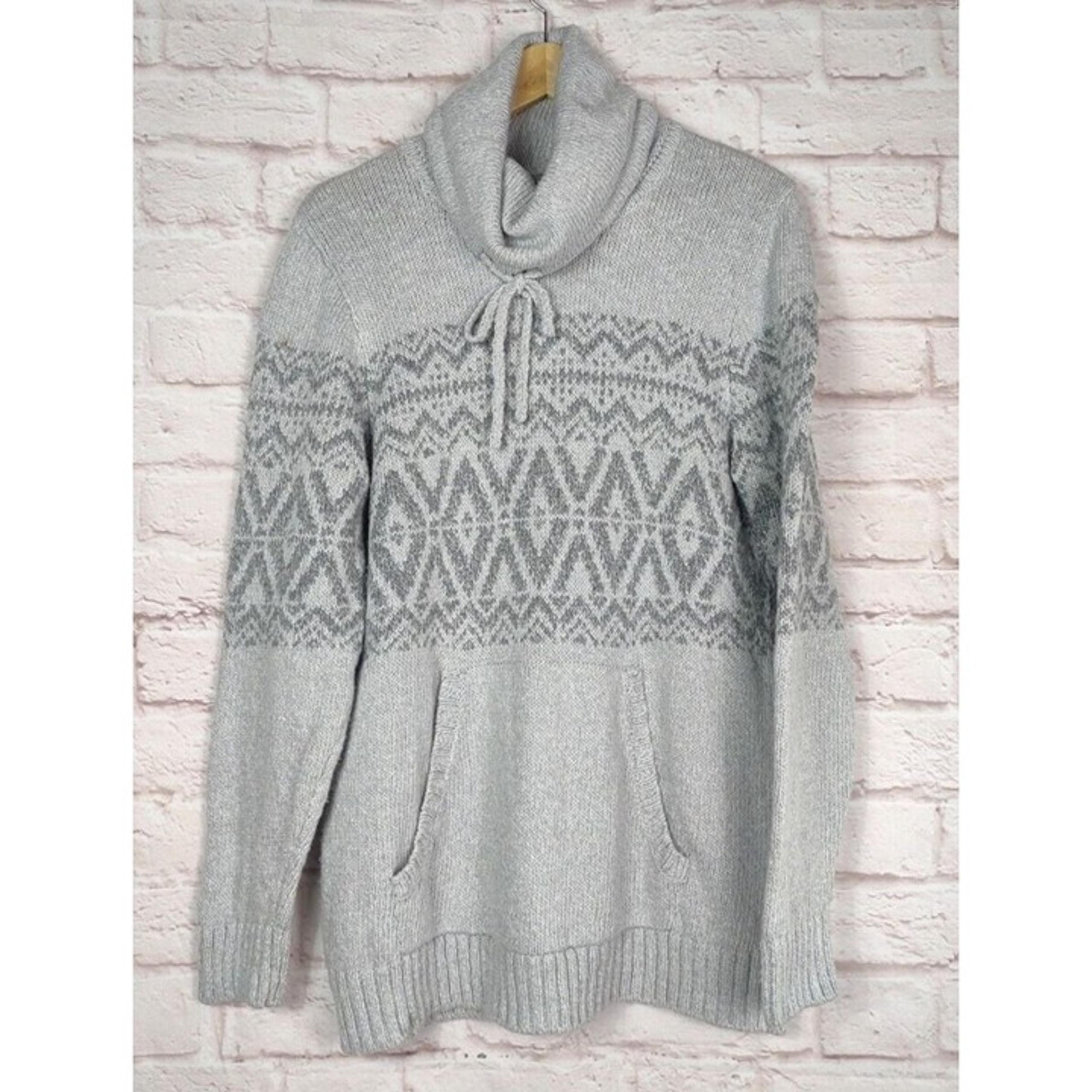 L.L. Bean Womens Fair Isle Sweater Medium Funnel Neck Front Pocket Cotton Gray