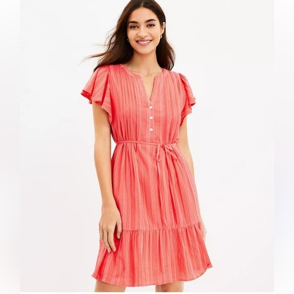 LOFT Textured Stripe Flutter Button Swing Dress in Coral/Orange Size XXLT