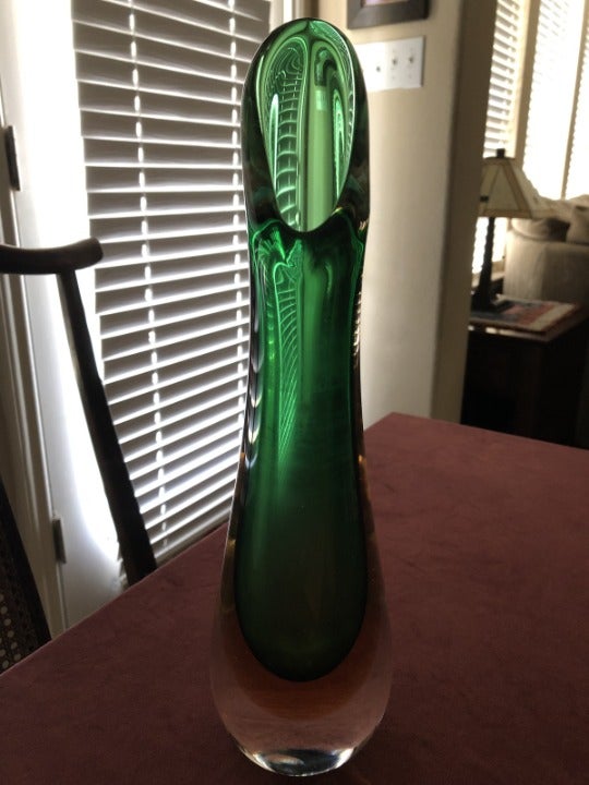 Murano Green and Orange Art Glass Vase Sculpture
