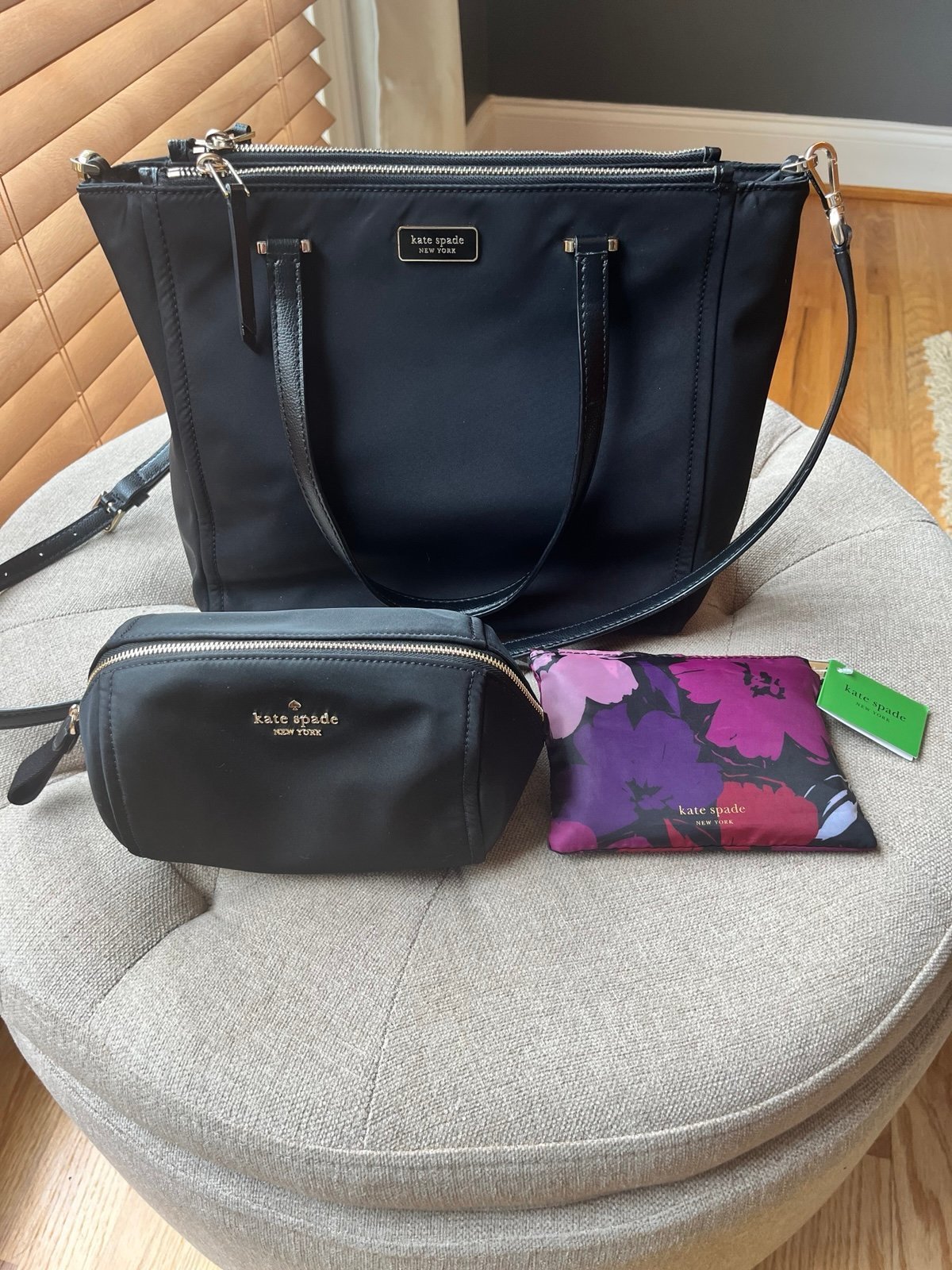 Kate Spade Black Tote w/Matching New Travel Cosmetic Case & Foldable New Tote
