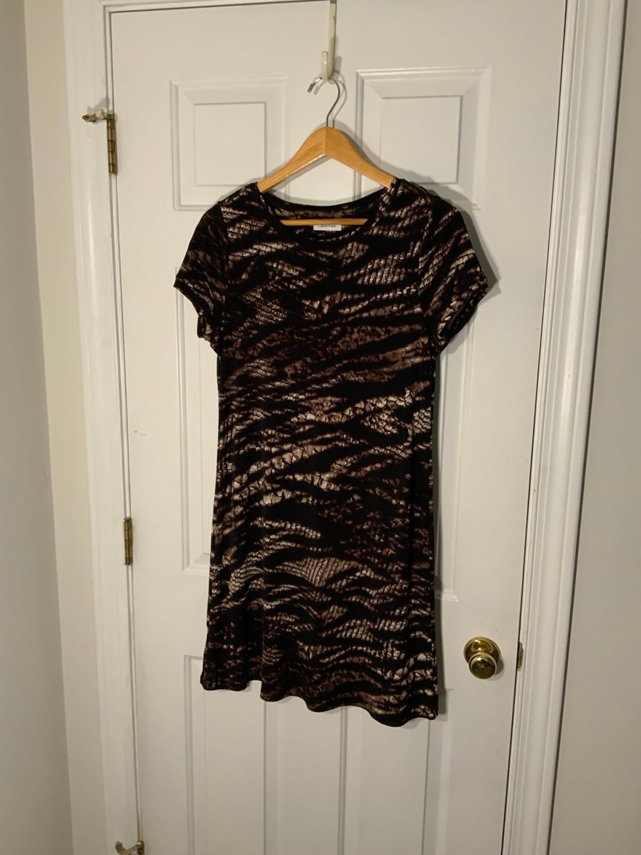Calvin Klein Women’s 8 Stretch Short Dress Snakeskin Print Cap Sleeve Blk/Brn