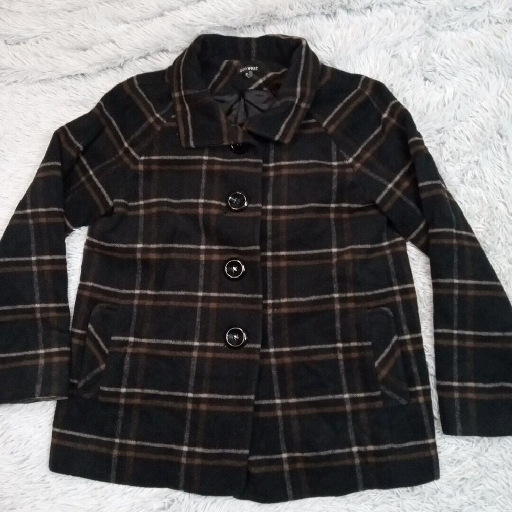 600 West Jacket Womens M Black Wool Blend Coat Plaid Pea Coat Pockets Cozy