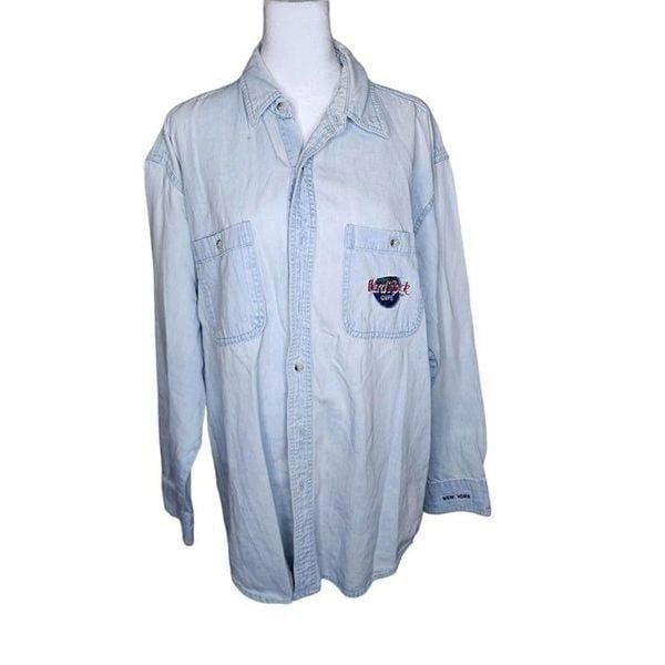 Vintage 80s Hard Rock Cafe New York Denim Shirt Mens Size L Blue Jean