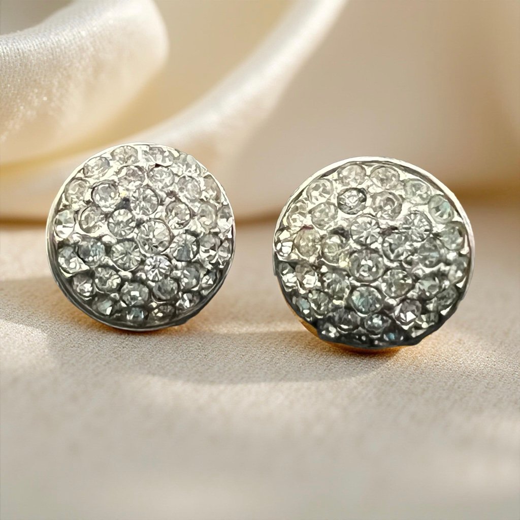 Vintage 1940s Crown Trifari Silver Rhinestone Cluster Round Screw Back Earrings