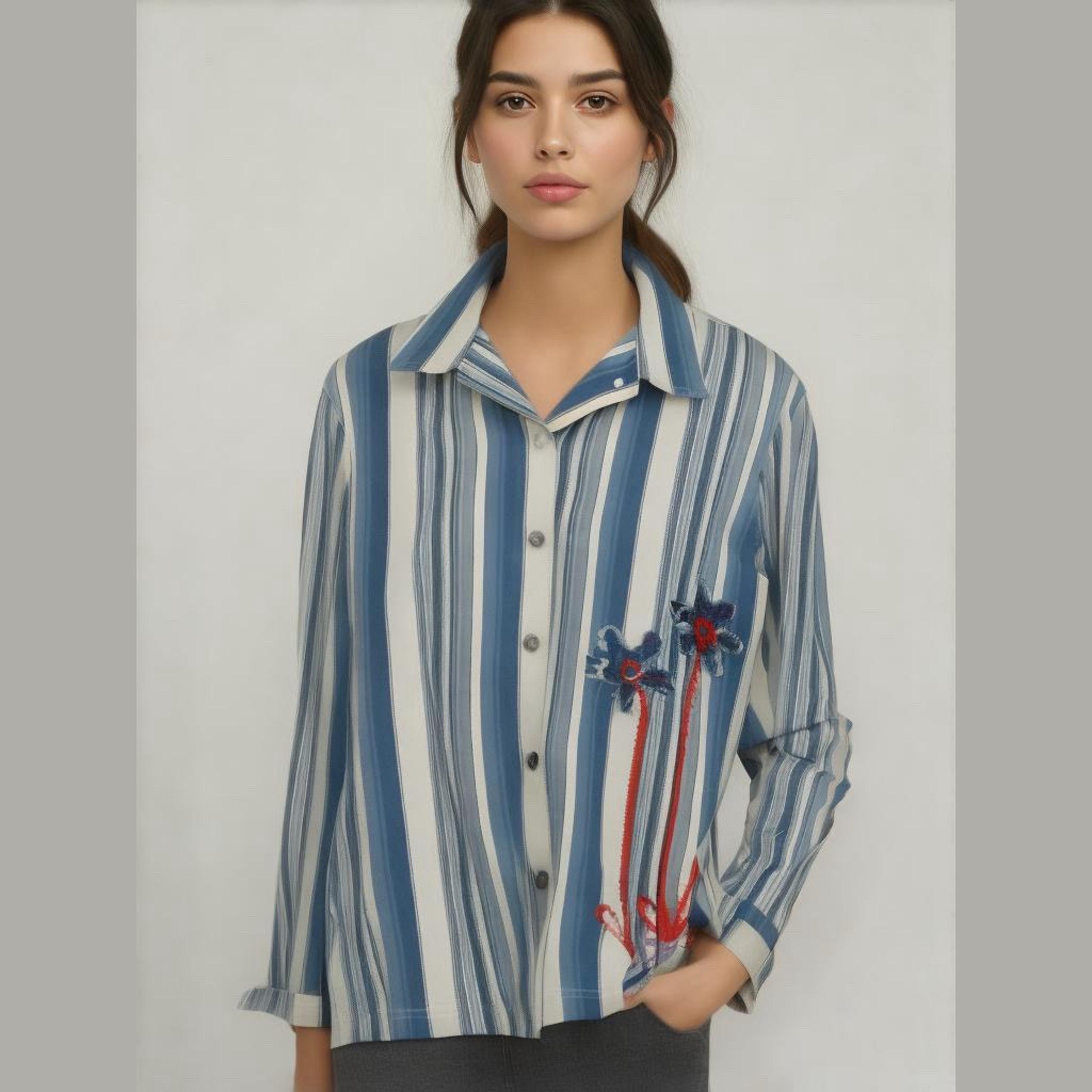 Sag Harbor Sport Blue Cream Denim Stripe Embroider Floral Button Up Jacket S