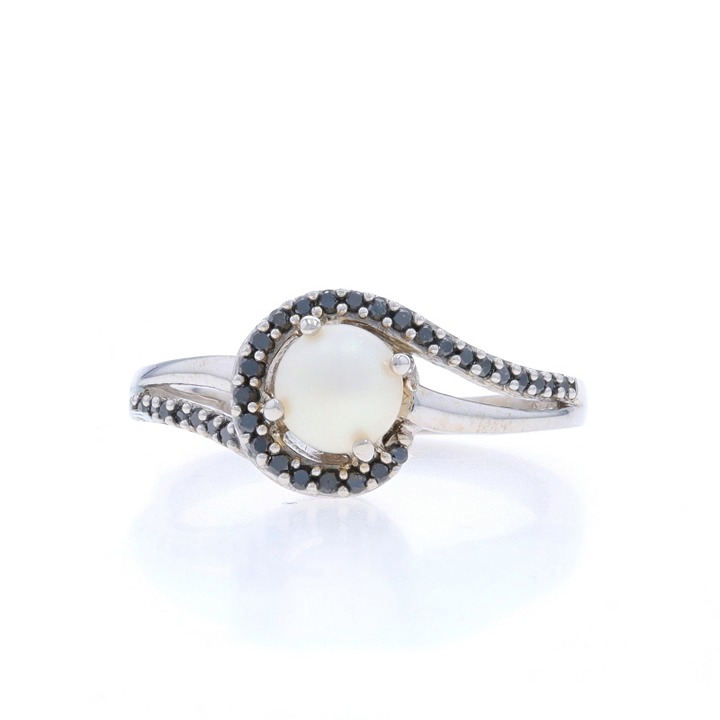 White Gold Cultured Pearl & Black Diamond Bypass Ring - 14k Swirl Treated LX1754