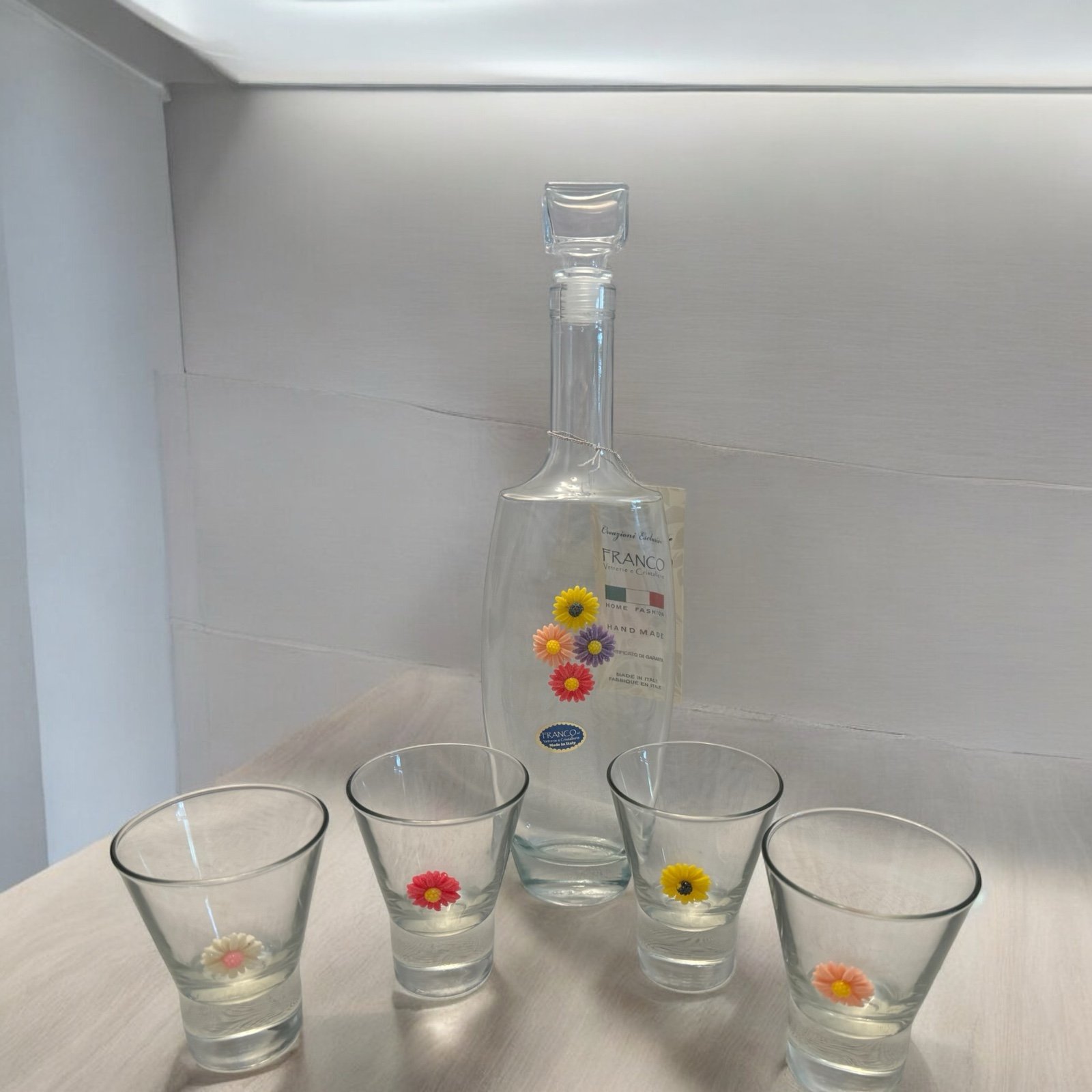 Franco Vetrerie e Cristallerie Crystal Decanter & Glass Set Italy Liquor Flower