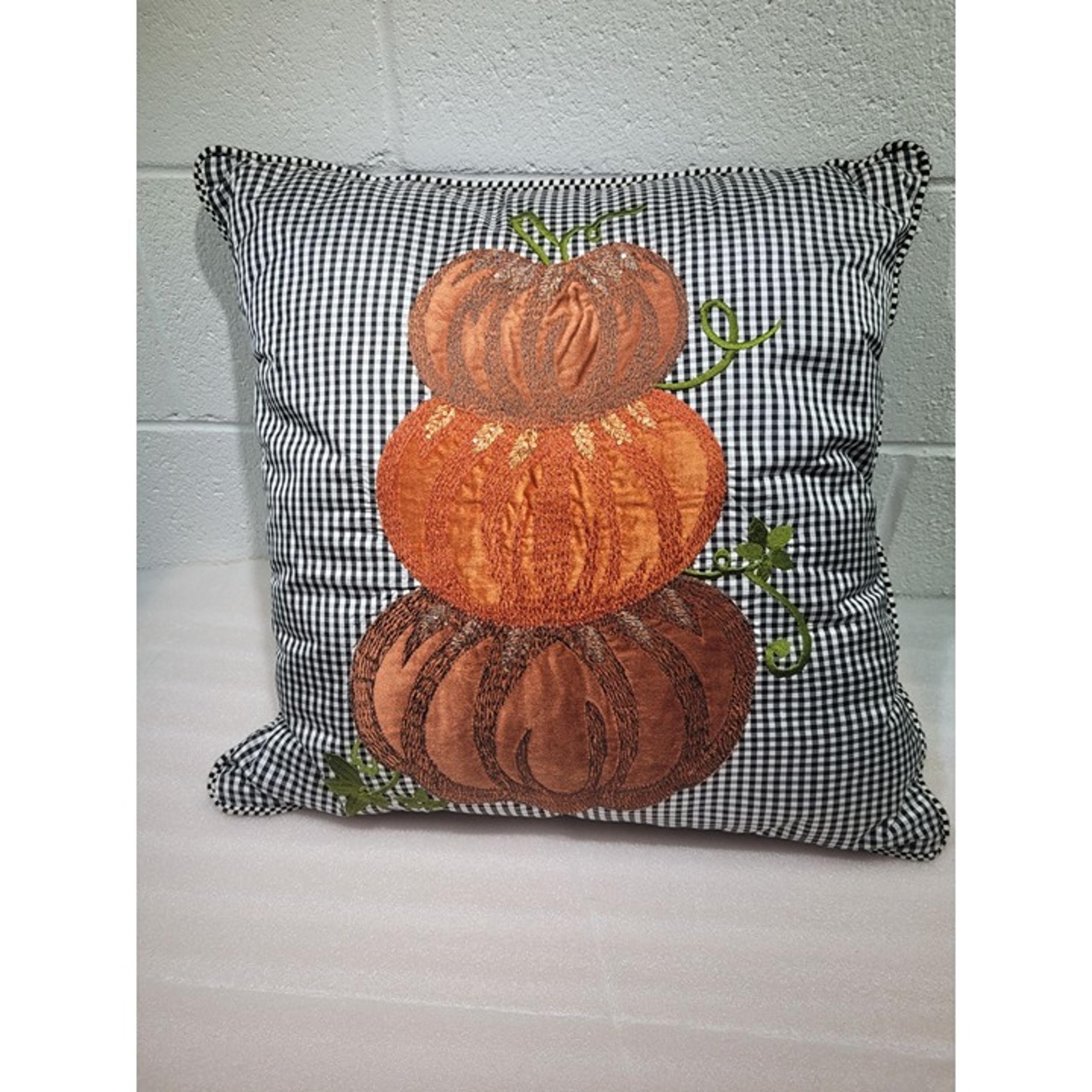 Mackenzie Childs Stacked Pumpkin Pillow Fall Decor Gingham Check Applique 19x19