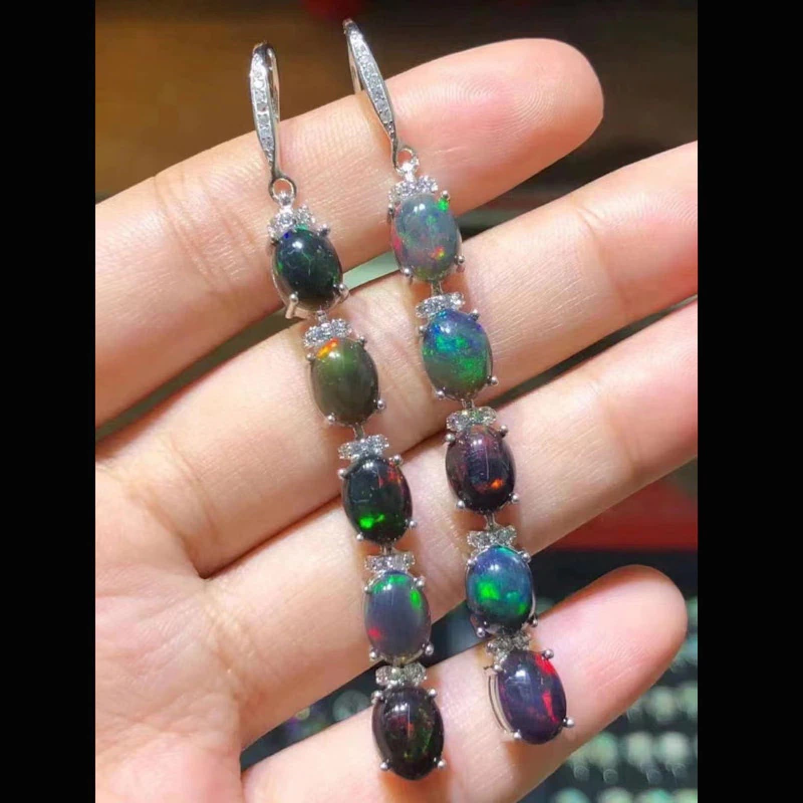 White Opal, Black Opal Drop Earrings 925 Sterling Silver Opal Earrings