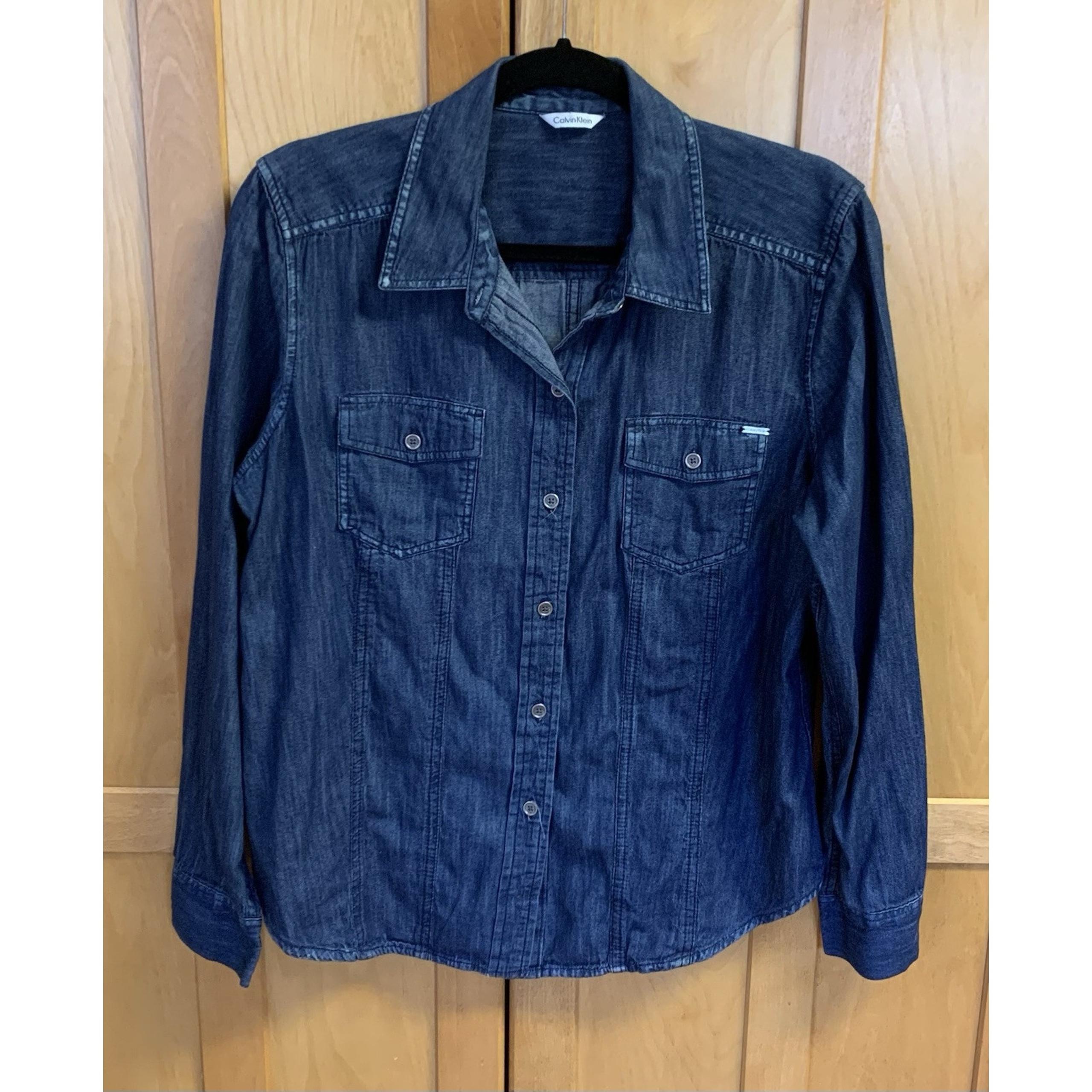 Calvin Klein Women's Medium Dark Denim Long Sleeve Button Up and Collared Shirt