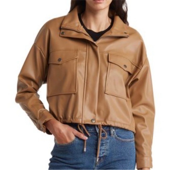 NWT T Tahari Faux Leather Bomber Jacket In Iced latte Small