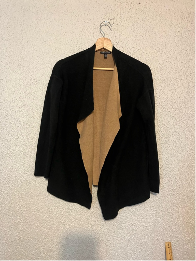 Eileen Fisher Reversible Black Brown Silk Organic Cotton Open Flap Cardigan PS