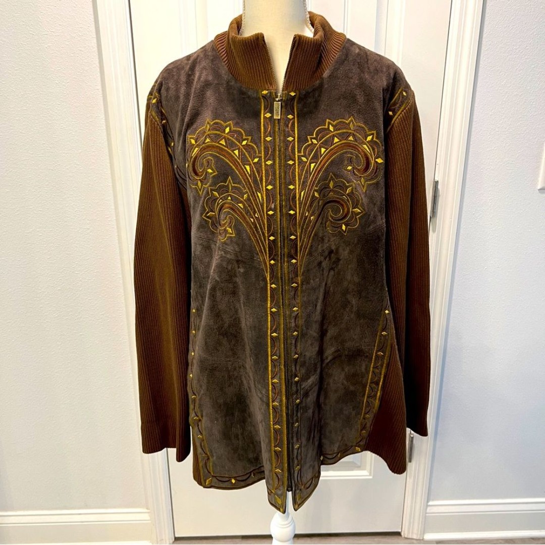 Bob Mackie Wearable Art Women Jacket Size 3X Brown Suede Full Zip Embroidered