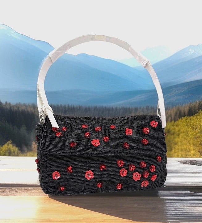 Brand NEW Staud Timmy Beaded 3D Floral Sequin Clutch Shoulder Bag In Poppy