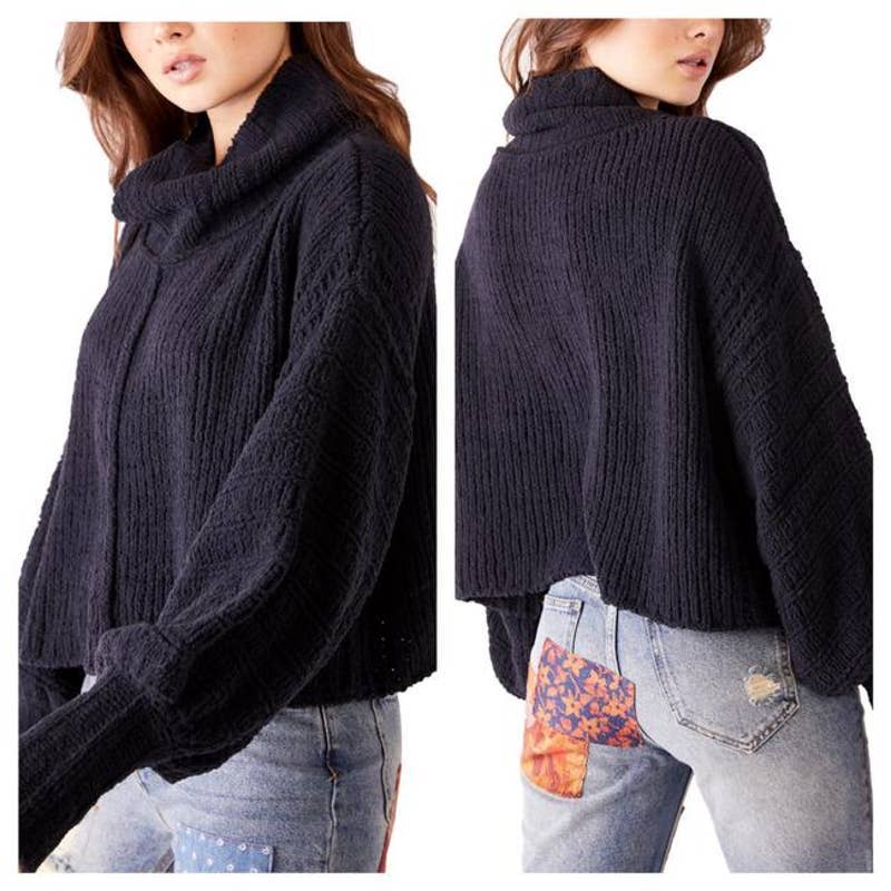 Free People Cowl Neckline Be Yours Pullover Chunky Knit Sweater Black Sz Medium