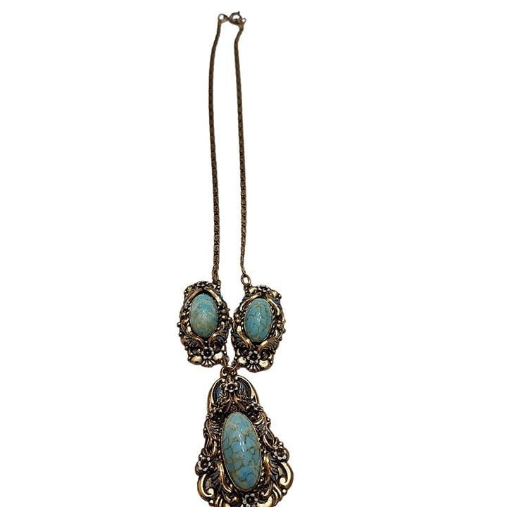 Vintage Elaborate Enamel Stone Pendant Necklace (A2400)
