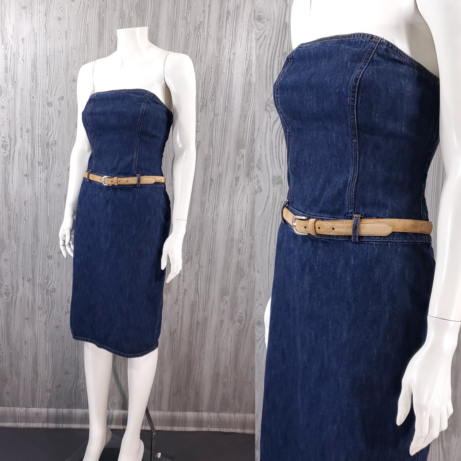 Vintage 90s Y2K Denim Jean Midi Dress J.Crew Sheath Classic Strapless