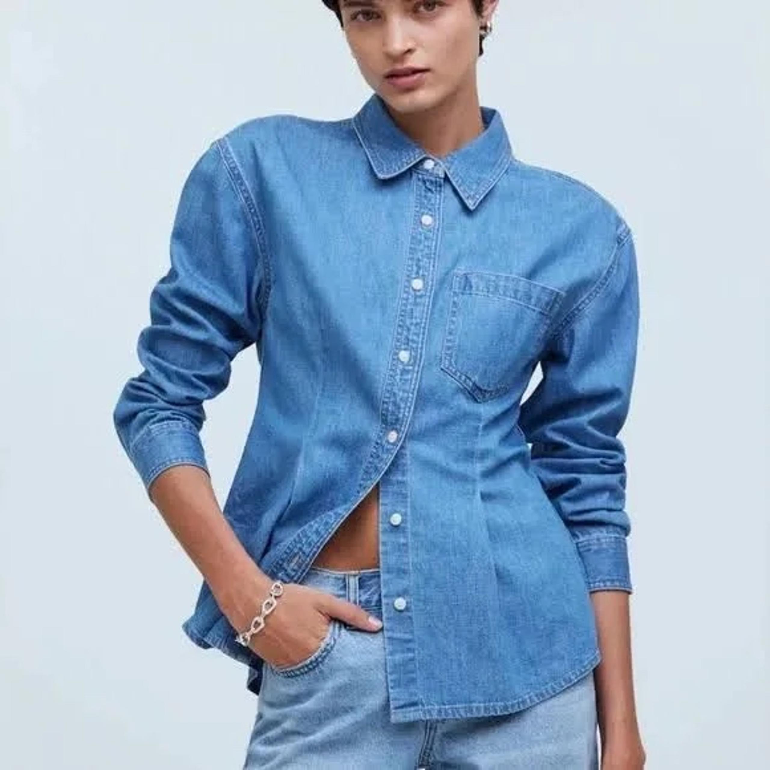 Madewell Women XS Denim Button Up Long Sleeve 100% Cotton Fitted Peplum Shirt