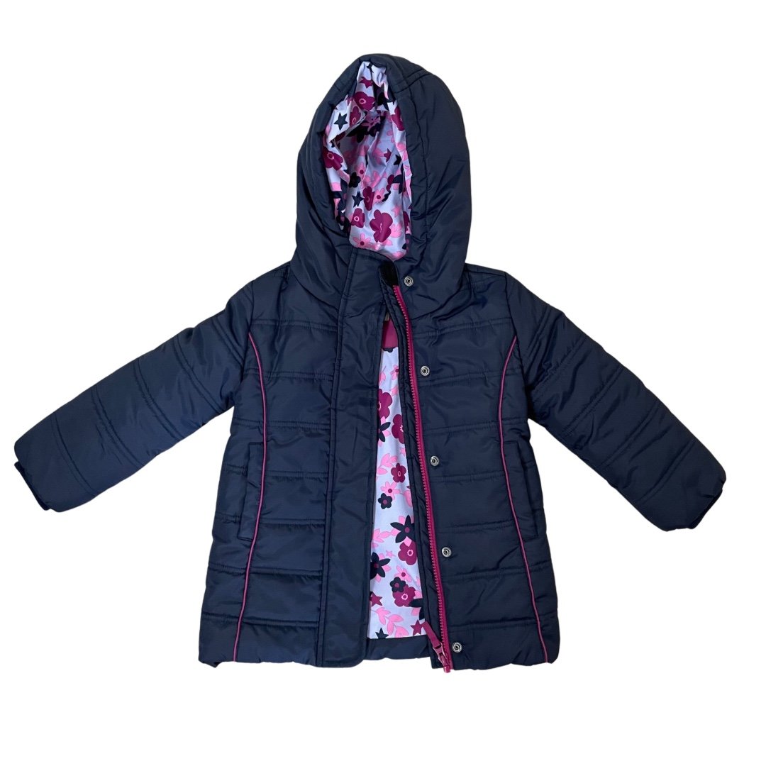 Hatley Navy Blue and Purple Floral Stars Fitted Puffer Jacket Kids Size 3