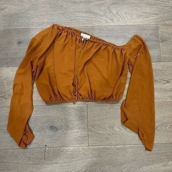 NWOT L’Academie Women's Brown Linen Long Sleeve Crop Top Size Small