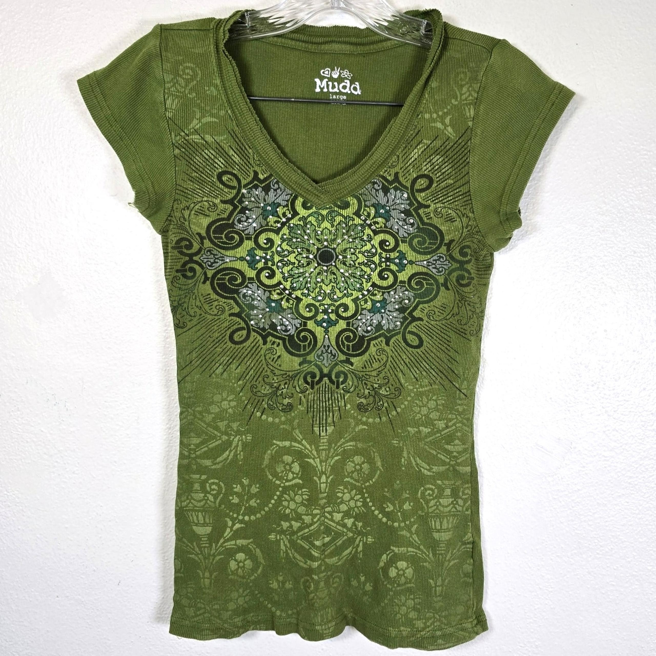 Vintage Y2K Mudd T Shirt Large Juniors Green Medallion Studded Long Line Fitted