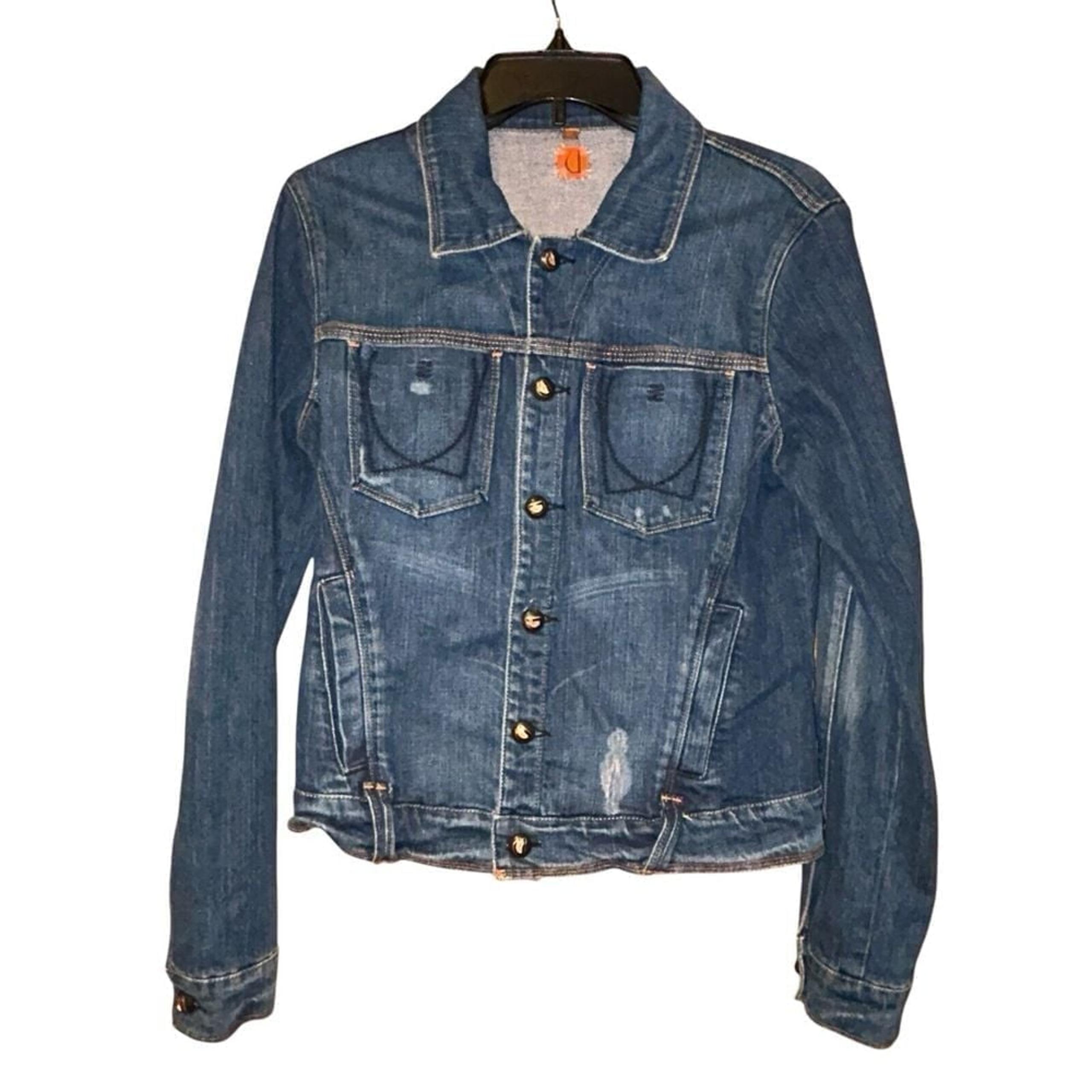 U by Yanuk Womens Denim Trucker Jean Jacket Distressed Size Medium Stretch USA