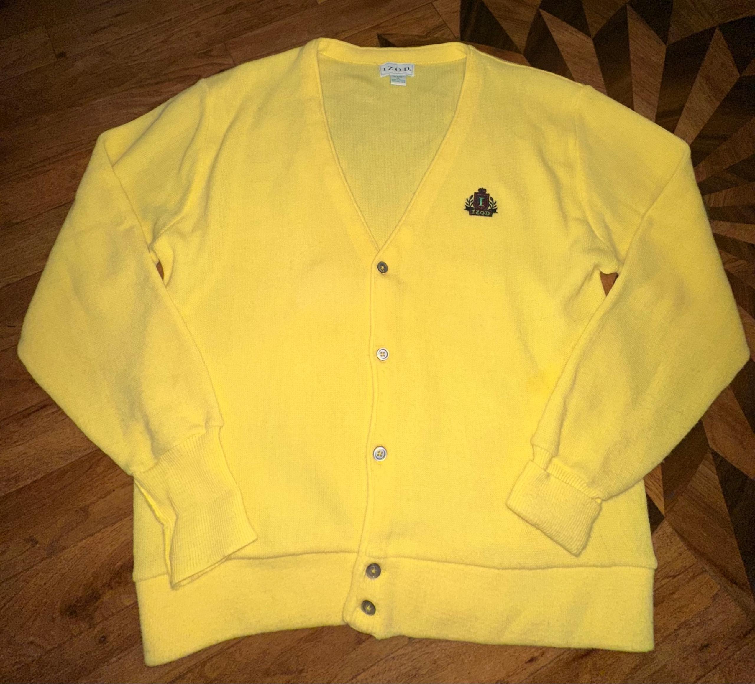Vintage IZOD Knit Golf Preppy Sweater Cardigan Mens XL Butter Yellow
