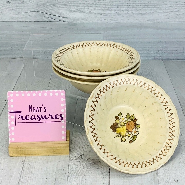 MCM Metlox Poppytrail Vernon FRUIT BASKET Brown Speckle Rim Cereal Bowls Set 4