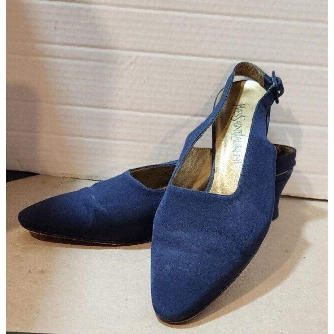 Yves Saint Laurent Sz 8.5M Vtg Navy Blue Made in Italy Heels Pumps Slingback