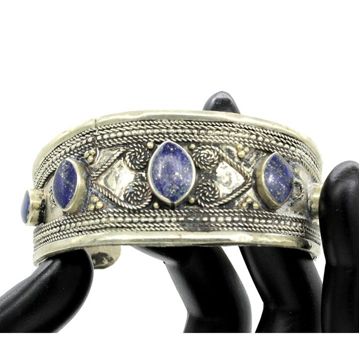 900 SILVER blue LAPIS LAZULI Turkoman Afgani boho cuff bracelet VINTAGE AS IS
