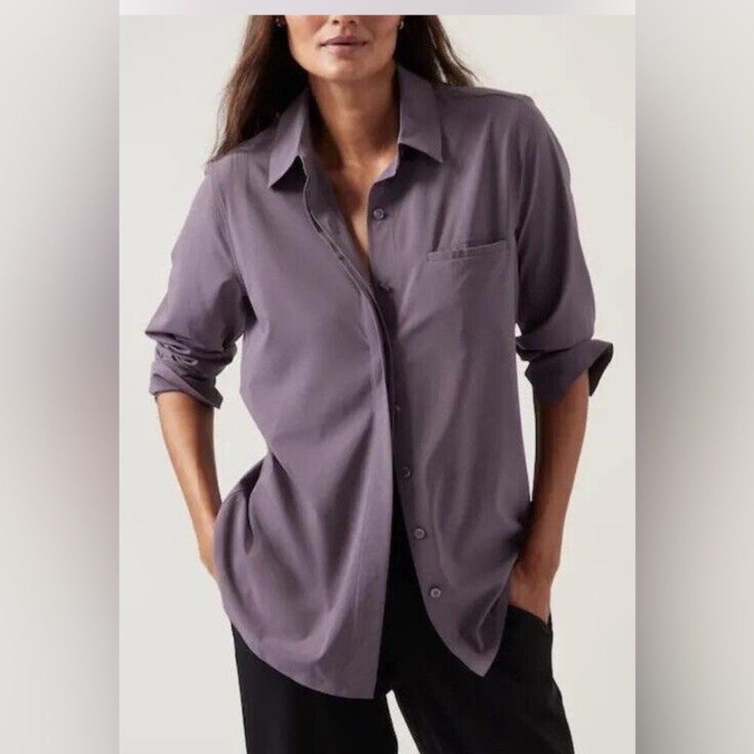 Athleta 1X Oversized Button Down Blouse Purple Long Sleeve Vented Stretch
