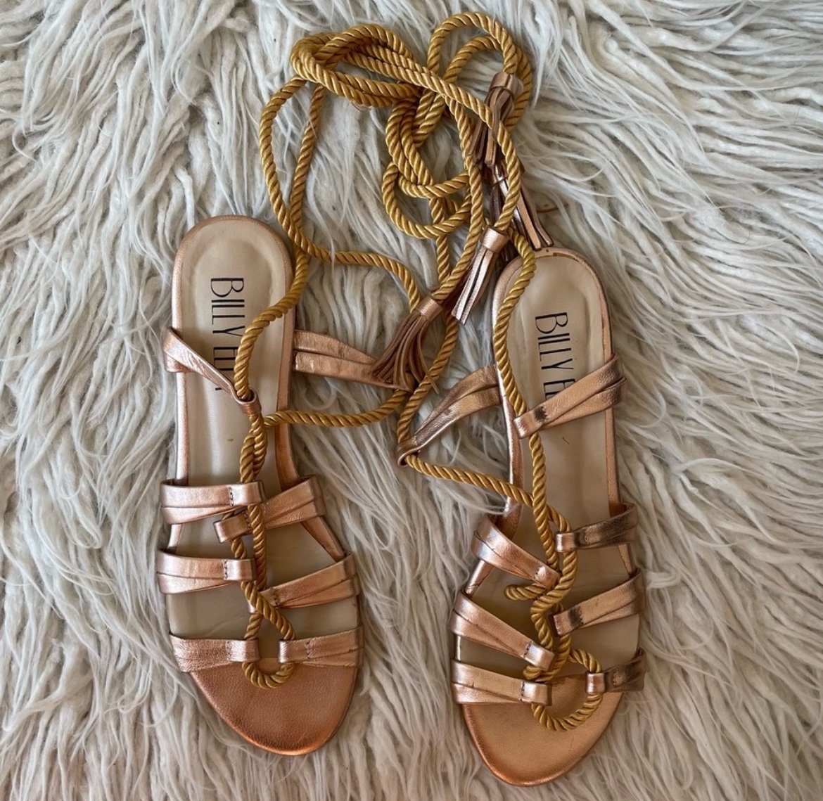 Anthropologie BILLY ELLA Lucerna Metallic Gold Leather Gladiator Tie Sandals 8