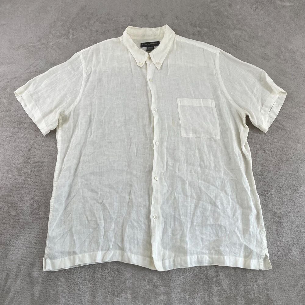 Vintage Banana Republic Shirt Men XL Ivory 100% Linen Short Sleeve Pocket