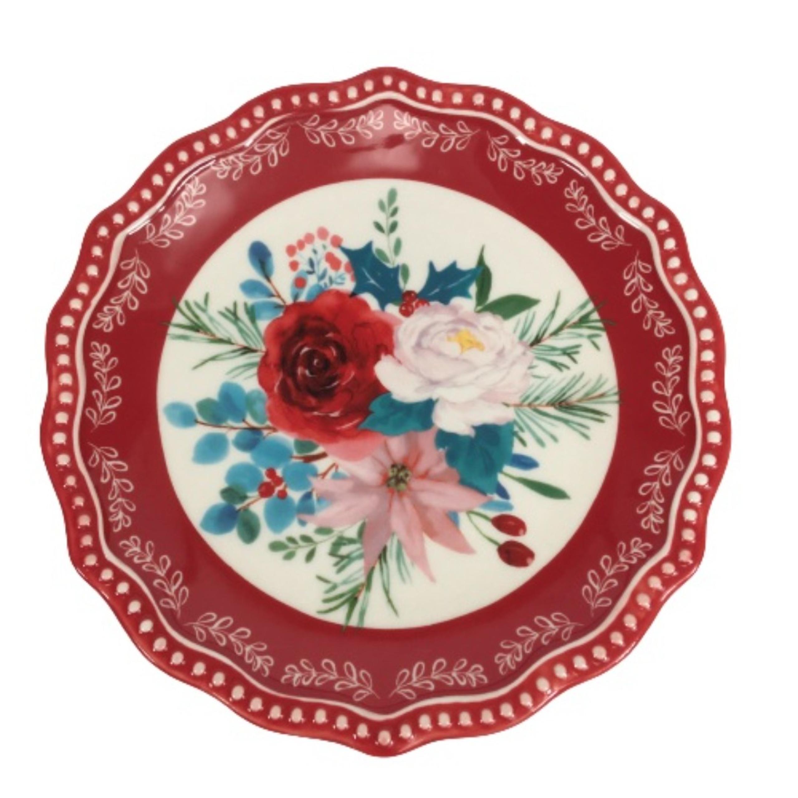 The Pioneer Woman Christmas Wishful Winter Rose Appetizer Dessert Plate 6.5” Red