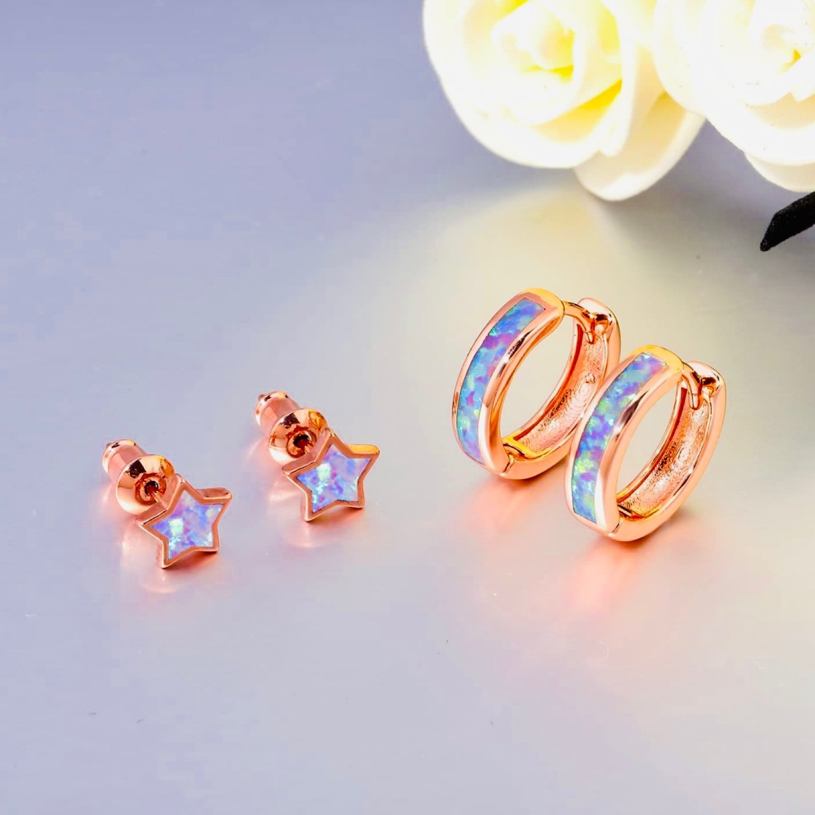 2 Pairs Genuine Opal Inlay 14K Rose Gold Huggie Hoop Earrings, NWT