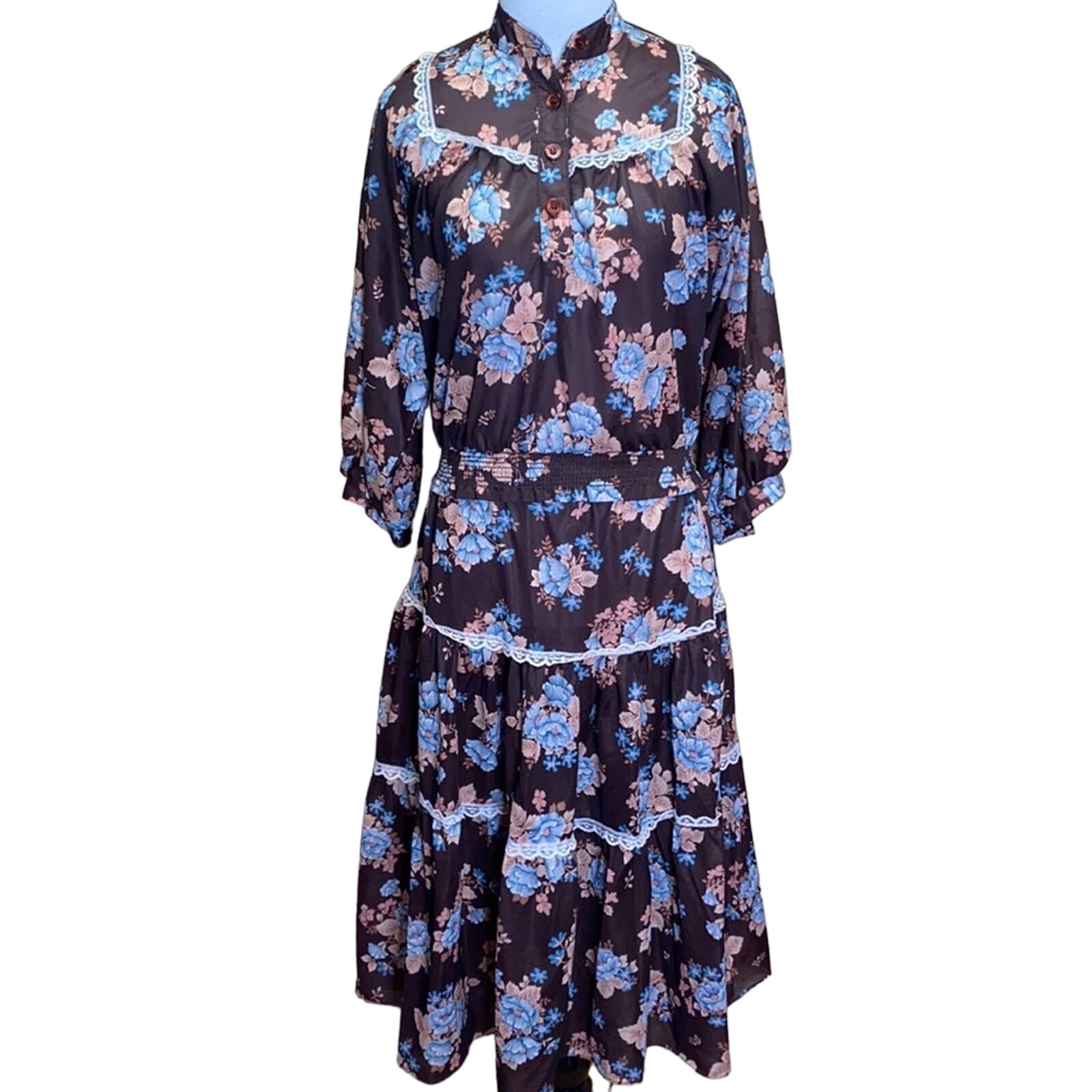 Vintage 70's 2 Piece Prairie Ruffle ace Floral Blouse & Skirt Size 6
